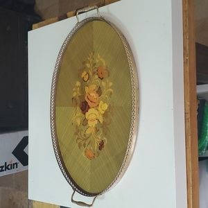 Vintage Oval Italian MCM Wood Inlay and Brass Tray